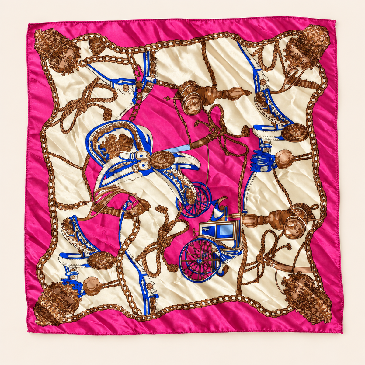 Silk Chain & Medallion Print Square Scarf — 50 × 50 cm