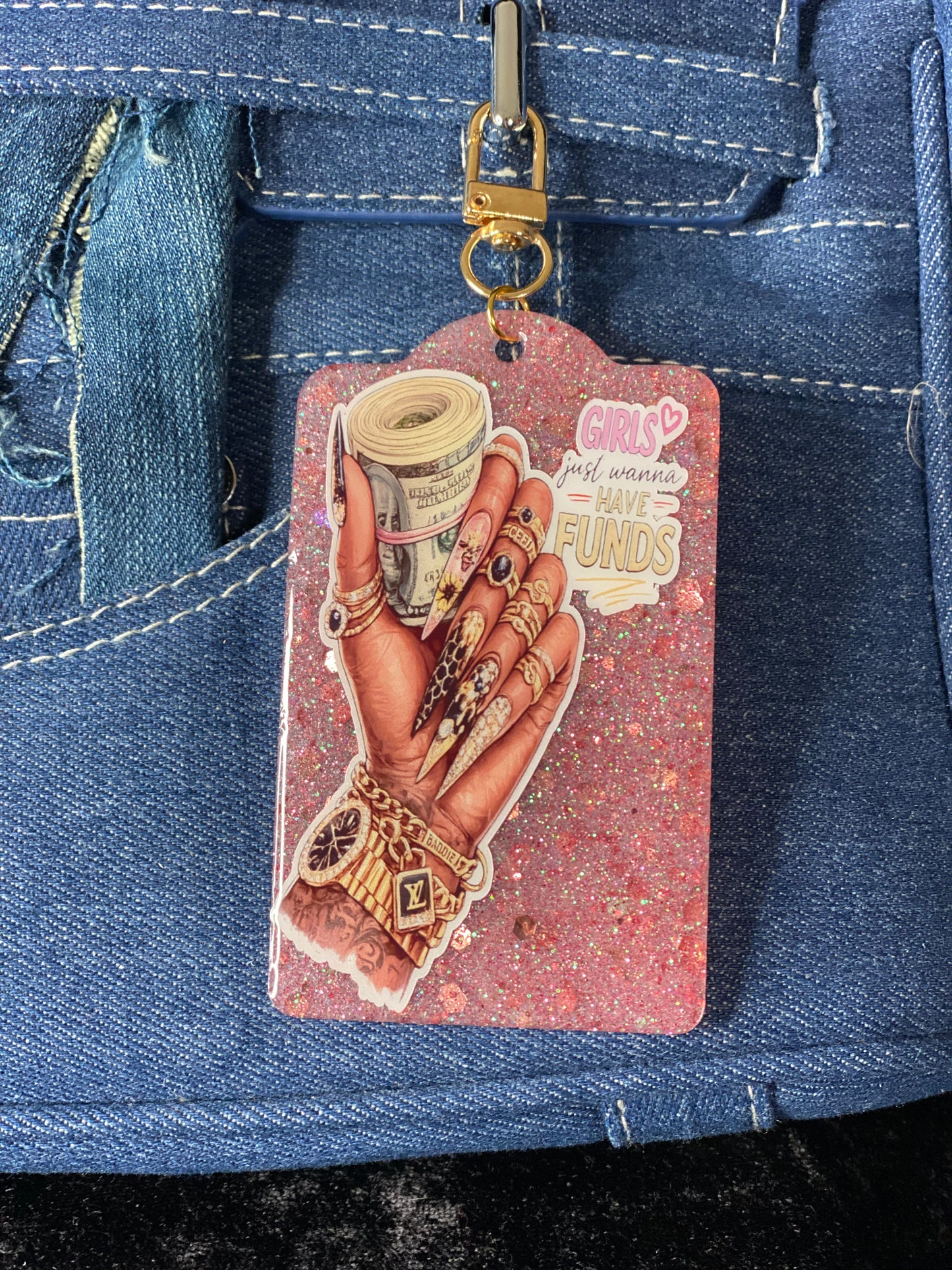 Girls Just Wanna Have Funds – Pink Glitter Money Bag Charm Tag 💸✨