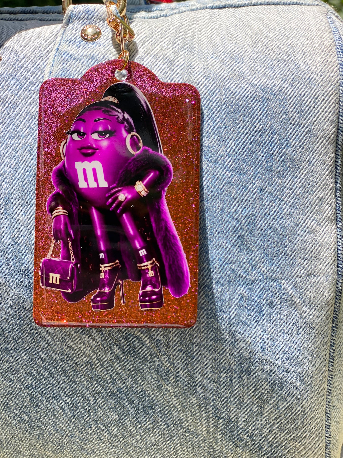 Purple M&M Baddie Glitter Bag Charm | Handmade Resin Purse Tag