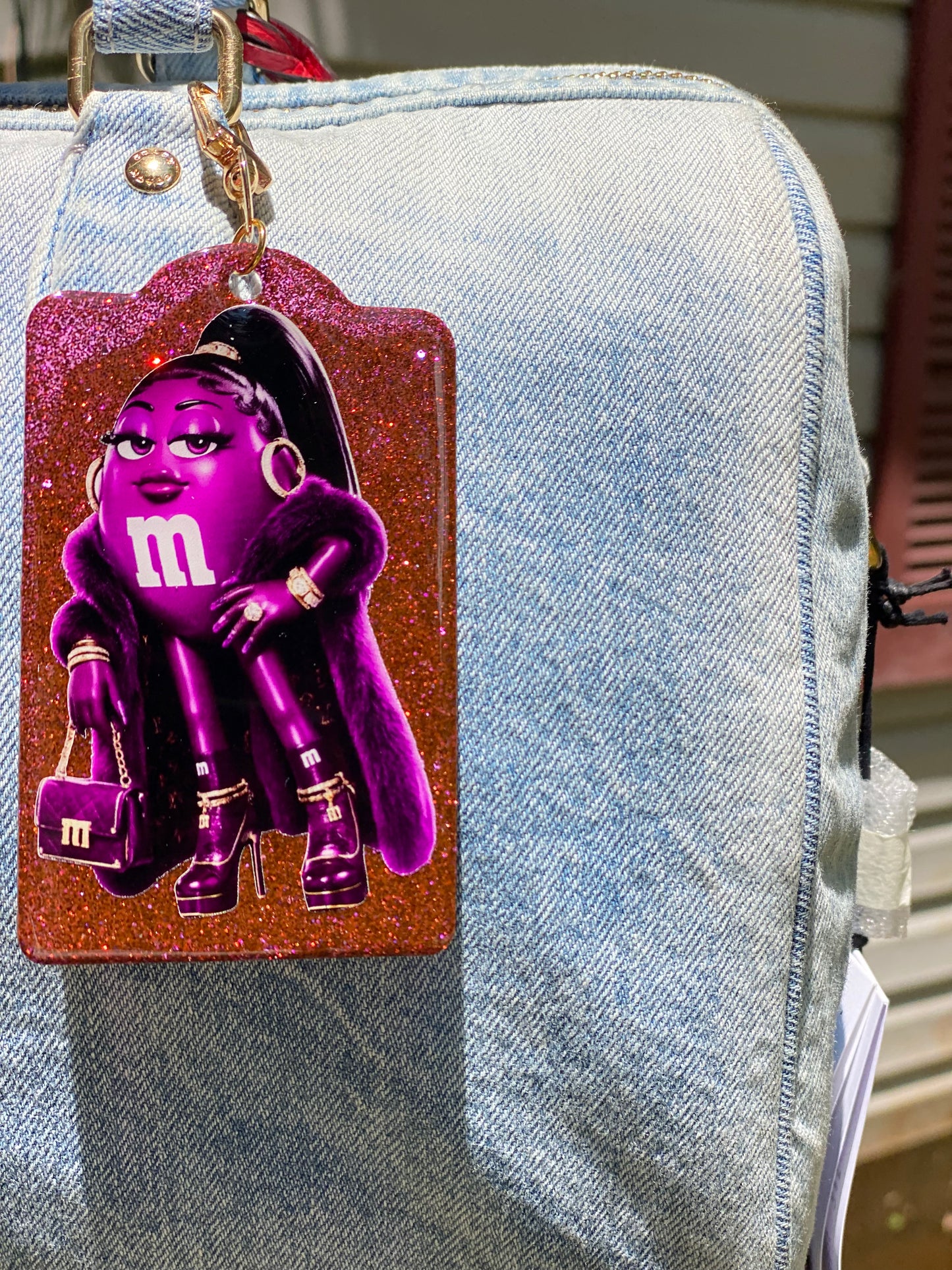 Purple M&M Baddie Glitter Bag Charm | Handmade Resin Purse Tag