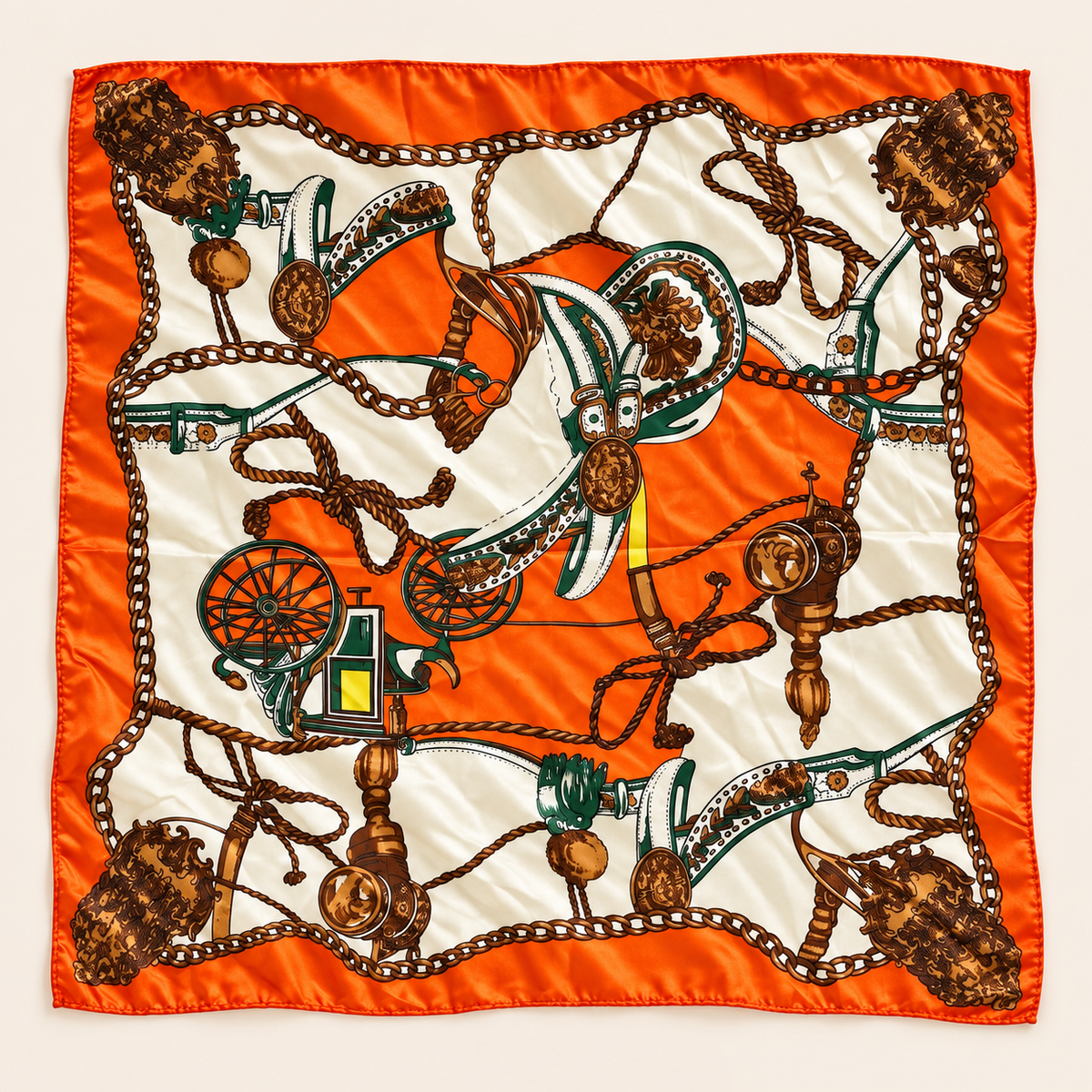 Silk Chain & Medallion Print Square Scarf — 50 × 50 cm